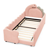 Twin Size Kids Bed with Cute Dinosaur-Shaped Headboard, Boucle Toddler Bed Frame with Safety Guardraild for Bedroom