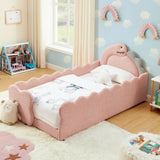 Twin Size Kids Bed with Cute Dinosaur-Shaped Headboard, Boucle Toddler Bed Frame with Safety Guardraild for Bedroom