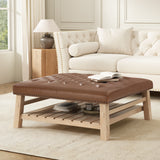 2-in-1 Tufted Square Ottoman Coffee Table with Slatted Shelf & Nailhead Trim for Living Room, Bedroom