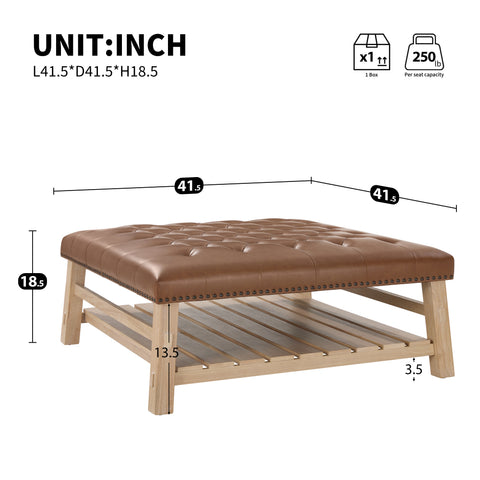 2-in-1 Tufted Square Ottoman Coffee Table with Slatted Shelf & Nailhead Trim for Living Room, Bedroom