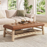 2-in-1 Tufted Rectangle Ottoman Coffee Table, Upholstered Bench with Slatted Shelf & Nailhead Trim for Living Room, Bedroom