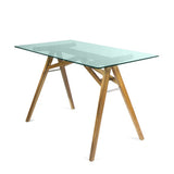 Home Office Desk Modern Executive Computer Desk, Tempered Glass Tabletop w/ Acacia Wood Legs, Mid-Century Office Conference Table, Natural