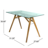 Home Office Desk Modern Executive Computer Desk, Tempered Glass Tabletop w/ Acacia Wood Legs, Mid-Century Office Conference Table, Natural
