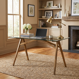 Home Office Desk Modern Executive Computer Desk, Tempered Glass Tabletop w/ Acacia Wood Legs, Mid-Century Office Conference Table, Natural