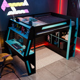 Full Size Gaming Loft Bed with LED Lights, USB Ports, Desk, 6 Drawers, Safety Staircase & Storage Shelves