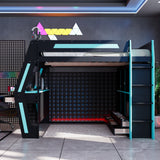 Full Size Gaming Loft Bed with LED Lights, USB Ports, Desk, 6 Drawers, Safety Staircase & Storage Shelves