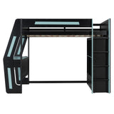 Full Size Gaming Loft Bed with LED Lights, USB Ports, Desk, 6 Drawers, Safety Staircase & Storage Shelves