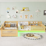 Twin Size L-Shaped Platform Bed Frame Convertible Detachable Bed Kid Toddler Bed with Whiteboard, Bookshelves & Light