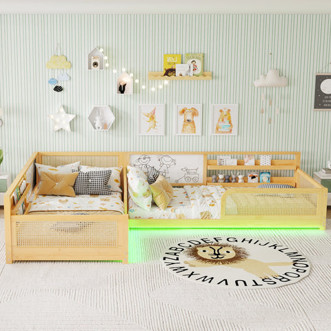 Twin Size L-Shaped Platform Bed Frame Convertible Detachable Bed Kid Toddler Bed with Whiteboard, Bookshelves & Light