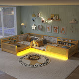 Twin Size L-Shaped Platform Bed Frame Convertible Detachable Bed Kid Toddler Bed with Whiteboard, Bookshelves & Light
