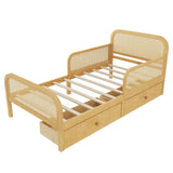 Twin Size Platform Bed Frame with 2 Storage Drawers, Kids Rattan Bed with Headboard & Footboard