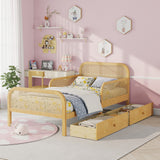 Twin Size Platform Bed Frame with 2 Storage Drawers, Kids Rattan Bed with Headboard & Footboard