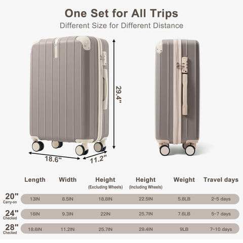 3 PCS ABS Hardside Luggage Set with Hooks, TSA Lock & 360° Spinner Wheels, 20", 24", 28" Suitcase Set for Travel/School