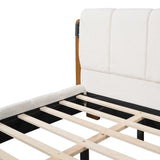 Queen Size Upholstered Platform Bed Frame with Reading Lights & Tufted Headboard, White+Brown