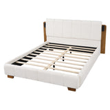Queen Size Upholstered Platform Bed Frame with Reading Lights & Tufted Headboard, White+Brown
