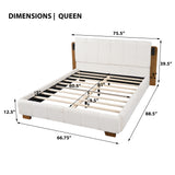 Queen Size Upholstered Platform Bed Frame with Reading Lights & Tufted Headboard, White+Brown