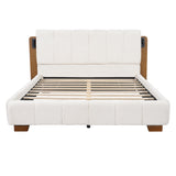 Queen Size Upholstered Platform Bed Frame with Reading Lights & Tufted Headboard, White+Brown