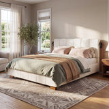 Queen Size Upholstered Platform Bed Frame with Reading Lights & Tufted Headboard, White+Brown