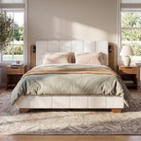 Queen Size Upholstered Platform Bed Frame with Reading Lights & Tufted Headboard, White+Brown
