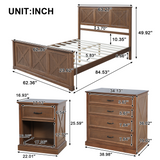 4-Piece Bedroom Furniture Set, Farmhouse Queen Platform Bed Frame, 2 Nightstands & 4-Drawer Dresser with Vintage Style