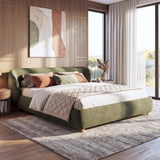 King Size Upholstered Platform Bed Frame Low Profile Bed with Cloud-Shaped Wingback Headboard, Green
