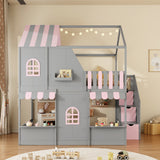 Full Over Full House Bunk Bed, Playhouse Design Loft Bed Frame with Storage Staircase, Roof & Door for Kids/Teens