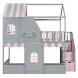Full Over Full House Bunk Bed, Playhouse Design Loft Bed Frame with Storage Staircase, Roof & Door for Kids/Teens