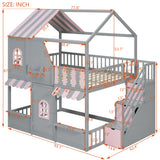 Full Over Full House Bunk Bed, Playhouse Design Loft Bed Frame with Storage Staircase, Roof & Door for Kids/Teens