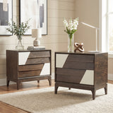 2-Drawer Nightstand End Table Bed Beside Table Japandi Storage Sofa Side Table with 2-Tone Geometric & Angled Patchwork Design