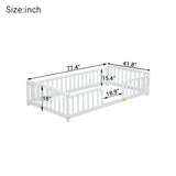 Twin Size Kid Platform Bed Frame Toddler Bed Kid Playground Floor Bed with Safety Fence, Rounded Corner, White