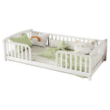 Twin Size Kid Platform Bed Frame Toddler Bed Kid Playground Floor Bed with Safety Fence, Rounded Corner, White