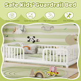 Twin Size Kid Platform Bed Frame Toddler Bed Kid Playground Floor Bed with Safety Fence, Rounded Corner, White