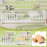 Twin Size Kid Platform Bed Frame Toddler Bed Kid Playground Floor Bed with Safety Fence, Rounded Corner, White