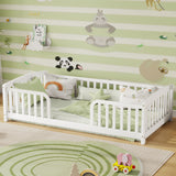 Twin Size Kid Platform Bed Frame Toddler Bed Kid Playground Floor Bed with Safety Fence, Rounded Corner, White
