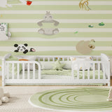 Twin Size Kid Platform Bed Frame Toddler Bed Kid Playground Floor Bed with Safety Fence, Rounded Corner, White