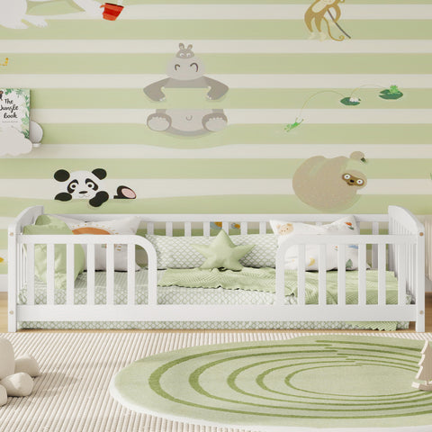 Twin Size Kid Platform Bed Frame Toddler Bed Kid Playground Floor Bed with Safety Fence, Rounded Corner, White