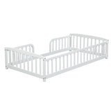 Twin Size Kid Platform Bed Frame Toddler Bed Kid Playground Floor Bed with Safety Fence, Rounded Corner, White