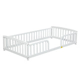 Twin Size Kid Platform Bed Frame Toddler Bed Kid Playground Floor Bed with Safety Fence, Rounded Corner, White