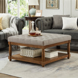 2-in-1 Square Upholstered Tufted Linen Ottoman Coffee Table with Solid Wood Shelf for Living Room, Bedroom