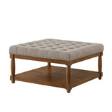 2-in-1 Square Upholstered Tufted Linen Ottoman Coffee Table with Solid Wood Shelf for Living Room, Bedroom