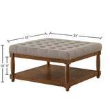 2-in-1 Square Upholstered Tufted Linen Ottoman Coffee Table with Solid Wood Shelf for Living Room, Bedroom