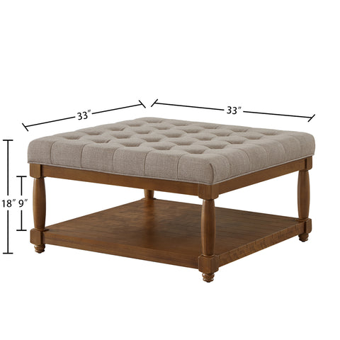 2-in-1 Square Upholstered Tufted Linen Ottoman Coffee Table with Solid Wood Shelf for Living Room, Bedroom