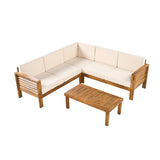 4-Piece Acacia Wood Outdoor Sectional Sofa Set, L-Shaped Sofa Patio Conversation Furniture w/ Coffee Table, Teak+Cream