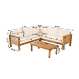 4-Piece Acacia Wood Outdoor Sectional Sofa Set, L-Shaped Sofa Patio Conversation Furniture w/ Coffee Table, Teak+Cream