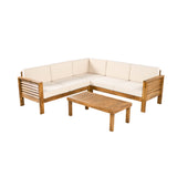 4-Piece Acacia Wood Outdoor Sectional Sofa Set, L-Shaped Sofa Patio Conversation Furniture w/ Coffee Table, Teak+Cream