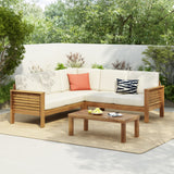 4-Piece Acacia Wood Outdoor Sectional Sofa Set, L-Shaped Sofa Patio Conversation Furniture w/ Coffee Table, Teak+Cream