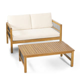 Outdoor Acacia Wood Loveseat with Coffee Table, 2-Piece Patio Furniture Set with Water-Resistant Cushions