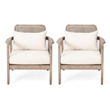 2pcs Outdoor Acacia Wood Club Chair, Wicker Back Patio Armchair with 4.5" Water-Resistant Cushions for Porch & Garden