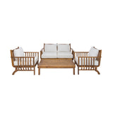 4-Piece Acacia Wood Patio Sofa Set, Outdoor Conversation Set with Loveseat, 2 Chairs & Slatted Coffee Table, Natural+Beige