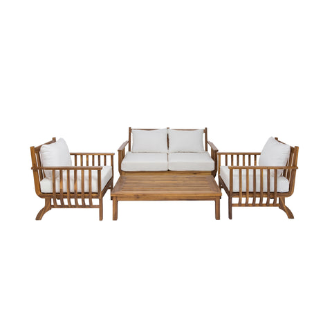 4-Piece Acacia Wood Patio Sofa Set, Outdoor Conversation Set with Loveseat, 2 Chairs & Slatted Coffee Table, Natural+Beige